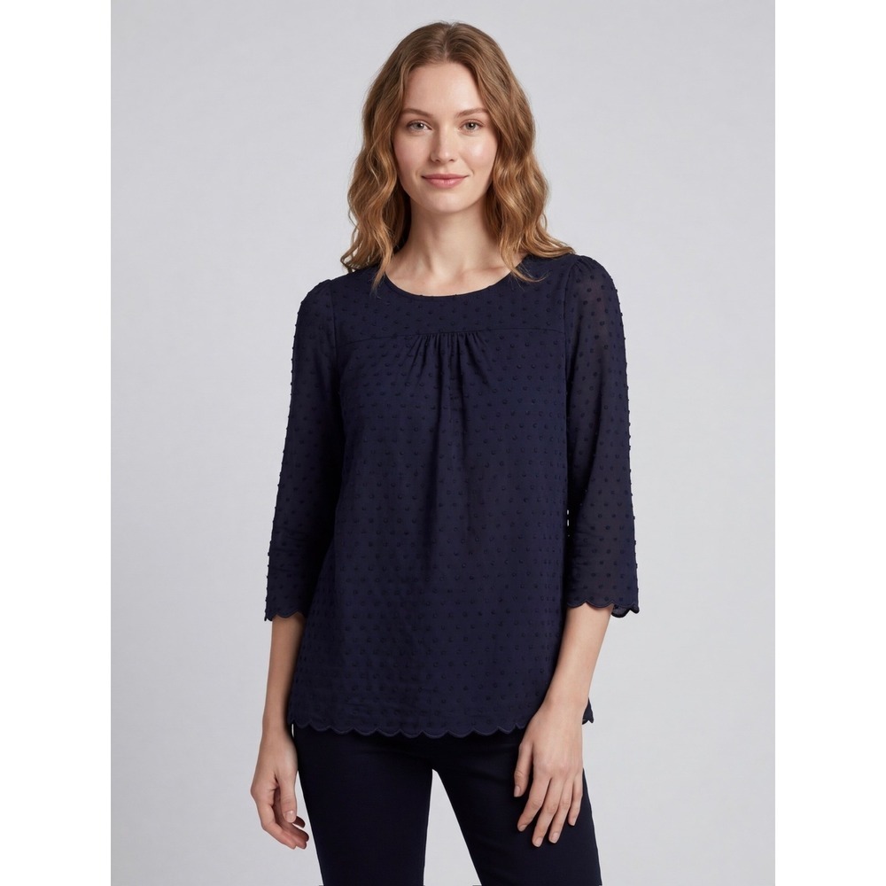 Maeve Anthropologie Navy Blue Swiss Dot Scalloped Hem Blouse 3/4 Sleeve Size 0
